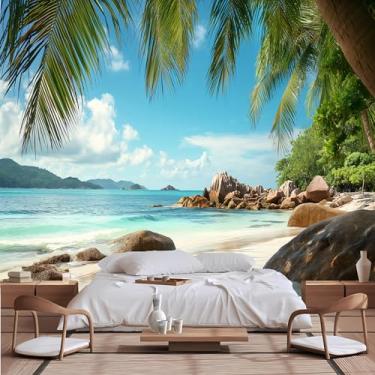 Imagem de Lcythiazole Mural de papel de parede de oceano com tamanho personalizável, mural de parede de palmeira, paraíso, praia, paisagem marítima, papel de parede para quarto, sala de estar, escritório