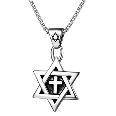 Imagem de OIDEA Colar de estrela de Davi para homens e mulheres: colares com pingente de cruz hexagonal de aço inoxidável, joias religiosas, judaicas, presente, Aço inoxidável, Sem Pedra Preciosa