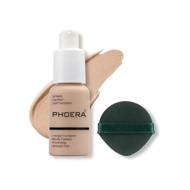 Imagem de PHOERA Face Foundation – Base naturalmente líquida cobertura total, corretivo perfeito para controle de óleo fosco de 30 ml, 10 cores opcionais, novo pacote e . (#102 nude)
