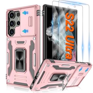 Imagem de ATUMP Capa para Samsung Galaxy S22 Ultra com [pacote com 2] protetor de tela HD e capa deslizante para câmera, anel de rotação de 360° com suporte [grau militar] capa protetora à prova de choque para