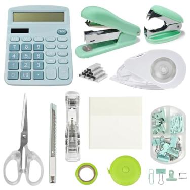 Imagem de Ohmywor Conjunto de material de escritório, acessórios de mesa inclui grampeador, fita corretiva, calculadora, clipe de papel, nota transparente, tesoura, fita métrica para estudante de escritório