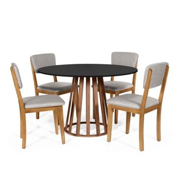 Imagem de Mesa De Jantar Redonda Gabi Pret/nor Com 4 Cadeiras Estofadas Ella Cinza Claro