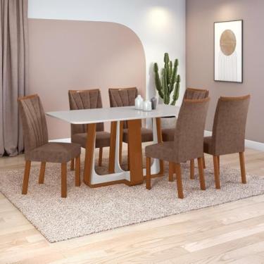Imagem de Conjunto Sala de Jantar Mesa Easy Pop 170x90cm Tampo Vidro/mdf com 6 Cadeiras Confort Couro Morano Avelã Frassino/off White