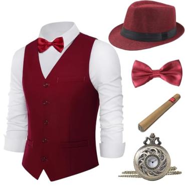 Imagem de BABEYOND Conjunto de acessórios de fantasia masculino Gatsby Gangster da década de 1920, chapéu Fedora, Vinho tinto, GG