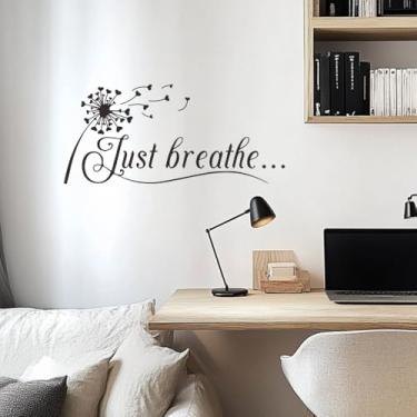 Imagem de Adesivo de parede Just Breathe – Adesivo de parede de vinil de flor de dente-de-leão com sementes voadoras – Citação minimalista removível para quarto, escritório, ioga, sala de estar – 41 x 19 cm