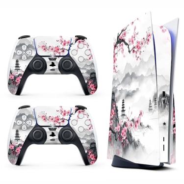 Imagem de Capa adesiva para PS5 - Flor de cerejeira, compatível com edição de disco e edição digital (não versão fina) - 2 capas de controle e capa de console - sem bolhas, proteção total, impermeável,