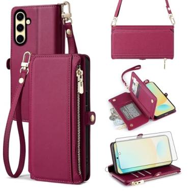 Imagem de Asuwish Capa de telefone para Samsung Galaxy S24 FE 5G carteira com zíper com protetor de tela de vidro temperado e alça de pulso slot para cartão flip acessórios para celular S 24 EF S24FE 24S