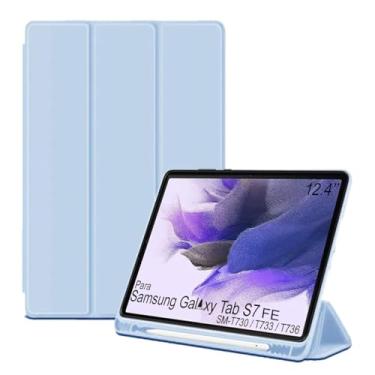 Imagem de Capa Tablet flip para Samsung Galaxy Tab S7 FE SM-T736 SM-T733 SM-T730 12.4 polegadas Smart pen resistente aveludada compatimento caneta Case capinha Anti Impacto Suporte Pencil - Alamo (azul claro)