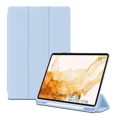 Imagem de Capa Tablet flip para Samsung Galaxy Tab S8 with S Pen SMX706 X700 Smart pen 11 polegadas resistente aveludada compatimento para caneta Case capinha Anti Impacto Suporte Pencil - Alamo (azul claro)