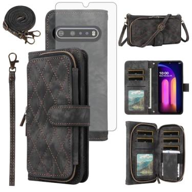 Imagem de Capa de telefone para LG V60 ThinQ V60ThinQ 5G G9 fina Q capa de celular com protetor de tela de vidro temperado alça transversal alça flip suporte zíper bolsa porta-cartão LGV60 V 60 60ThinQ 60V