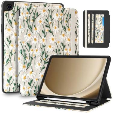 Imagem de Uppuppy Capa para Samsung Galaxy Tab A9 Plus de 28 cm - Capa feminina bordada com suporte para lápis e compartimento para cartão, capa estética feminina com design de margarida branca para Samsung Tab