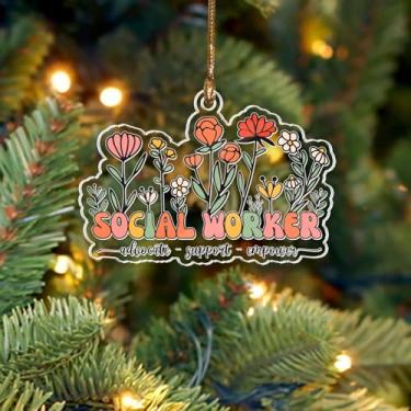 Imagem de Enfeite de Natal Advocate Support Empower Social Worker 2025, presente de lembrança floral para trabalhadores de casos, conselheiros, terapeutas, assistentes sociais escolares ou médicos, decoração de