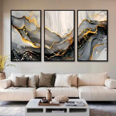 Imagem de Kit com 3 Quadros Decorativos 30x50 cm Abstrato Marmorizado Vibrante com Moldura Retangular com 2cm de largura Preta, na posição Vertical, ideal para ambiente de Sala, Quarto e Hall. Tamanho dos quadros montados na parede 50x94cm.