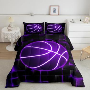 Imagem de Feelyou Jogo de cama de basquete, conjunto de edredom esportivo para jogos, solteiro, para jogos de bola, microfibra, roxo, preto, decoração de quarto, presente para amantes de basquete, 2 peças com 1