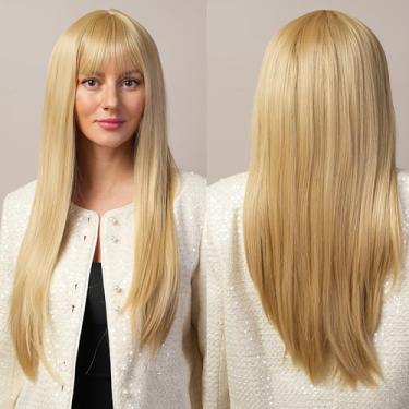 Imagem de Stylophyx Peruca loira para mulheres, peruca loira reta longa de 78 cm com franja cega sintética resistente ao calor para uso diário e uso em festas