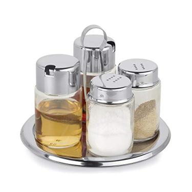 Imagem de Galheteiro Redondo Forma Inox Aço Inox e Vidro 5 Peças - 2106