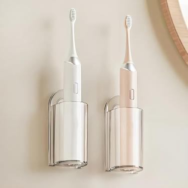 Imagem de Pacote com 2 suportes de escova de dentes elétrica, organizador de escovas de dentes elétricas transparentes autoadesivos STNRST-IN para banheiro, suporte multifuncional para escova de dentes sem