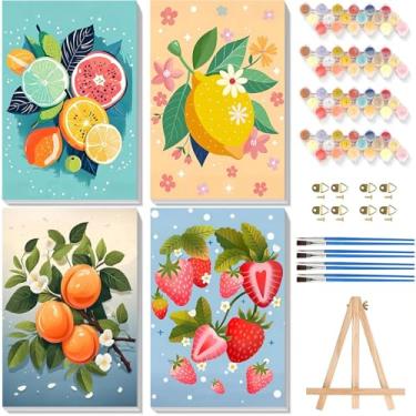 Imagem de Pacote com 4 tintas por números para adultos com tela emoldurada - com cavalete de madeira, pintura de frutas por número para iniciantes, kits de pintura a óleo acrílica fácil em tela com pincéis para