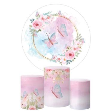 Imagem de Trio Capa Cilindro + Painel Redondo Borboleta Rosa - DECORANDO E GRUDA