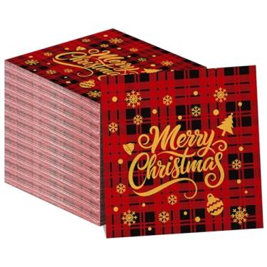 Imagem de Gueevin Guardanapos de papel xadrez de búfalo vermelho Feliz Natal, 50 peças, guardanapo descartável, toalha de mão de convidado, guardanapo de árvore de Natal para casamento, férias, Natal, cozinha