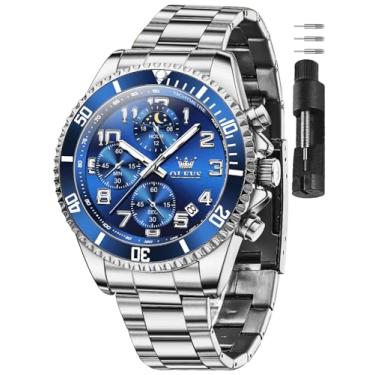 Imagem de OLEVS Relógios masculinos de aço inoxidável com cronógrafo, mostrador grande, à prova d'água, luxuoso, moderno, azul/preto/dourado/verde/prata Relojes para Hombres, Pulseira prateada com face azul