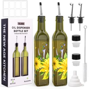 Imagem de COOLMI Conjunto de dispensador de óleo e vinagre - Garrafas dispensadoras de azeite de oliva de vidro premium de 500 ml para cozinha, dispensador de óleo para cozinha (margarida amarela)
