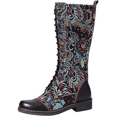 Imagem de Botas femininas vermelhas vintage cano alto renda, Preto, 6.5