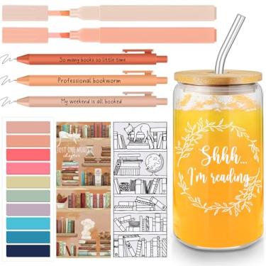 Imagem de FillTouch 8 peças, presentes para amantes de livros, copo de vidro de 473 ml, com tampa de bambu, lista de leitura, marcador de livro, marcadores pastel, canetas adesivas para escola, professor
