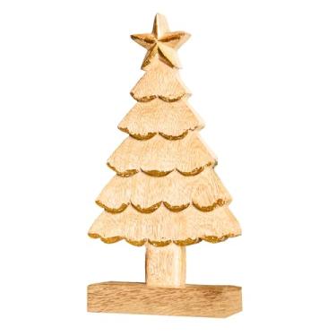 Imagem de Mary Square Decoração de árvore de Natal de madeira de manga feita à mão, 25 x 12 cm, decoração rústica de mesa com detalhes dourados e topo de estrela