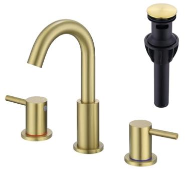 Imagem de AmirLans Torneiras de banheiro para pia 3 furos, torneira de banheiro dourada escovada com ralo pop-up, aço inoxidável, 2 alças, 20 cm, ampla torneira de pia de banheiro dourada para penteadeira