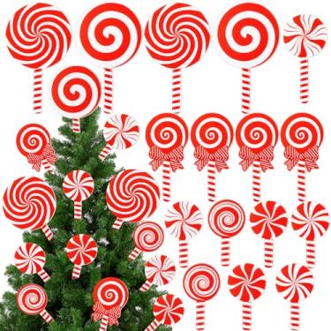 Imagem de 16 peças de decorações de Natal, vermelho e branco, bengala doce, feltro de hortelã-pimenta, enfeites de pirulito, palitos de árvore de Natal, suprimentos de decoração de festas de fim de ano
