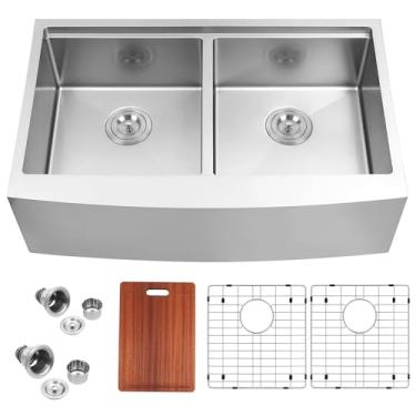 Imagem de MILOSEN Pia de cozinha de fazenda de 83 cm, pia de fazenda de tigela dupla 50/50, avental de estação de trabalho de aço inoxidável de 83 cm x 50 cm, pia frontal com borda e acessórios, pias artesanais