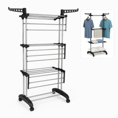 Imagem de Varal Vertical de Chão 3 Andares Ajustáveis Dobrável Multiuso com Rodi