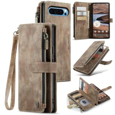 Imagem de Capa carteira para Google Pixel 10 Pro XL 5G com suporte para cartão com zíper magnético bolso alça de pulso, capa flip de couro para Google Pixel 10 Pro XL 5G 6,8 polegadas (marrom)