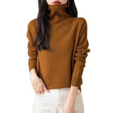 Imagem de Suéter feminino de gola alta Chanyarn 100% lã merino caramelo