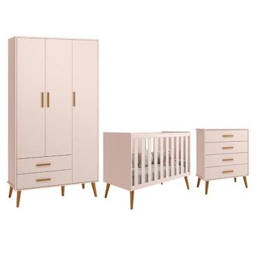 Imagem de Dormitório Infantil Isis Guarda Roupa 3 Portas, Cômoda E Berço Rosa - Reller Móveis Rosa