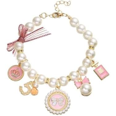 Imagem de Coleiras de pérolas para cães rosa para animais de estimação, colar de arco de princesa, laço doce, coleira fofa, alça de pescoço para filhotes, coleiras básicas para gatos, joias ajustáveis, arreios