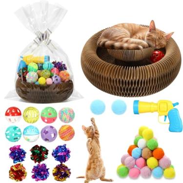 Imagem de Zopeal Conjunto de 64 peças de brinquedos para gatos, arranhador de órgão mágico, lançador, arma, enrugamento e fio e bola de sino de plástico, brinquedo para gatinho com laço para animais de