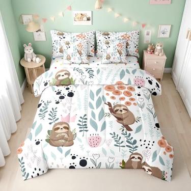 Imagem de Erosebridal Conjunto de edredom solteiro de preguiça infantil com estampa de animais de zoológico da floresta, para meninas e meninos, lençol de cima, lençol de cima com estampa de pata em uma bolsa