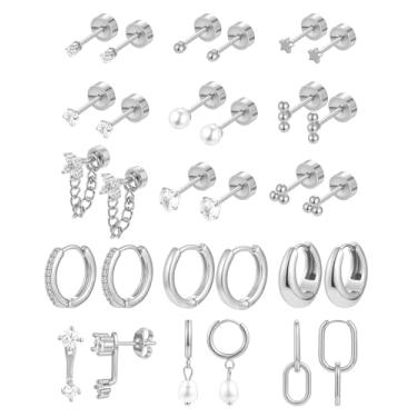 Imagem de GEPAPE Brincos hipoalergênicos banhados a ouro 14 K para vários piercings 20 g cartilagem brincos para mulheres na moda brincos pequenos brincos de argola plana, 20g, Aço inoxidável, Zircônia cúbica