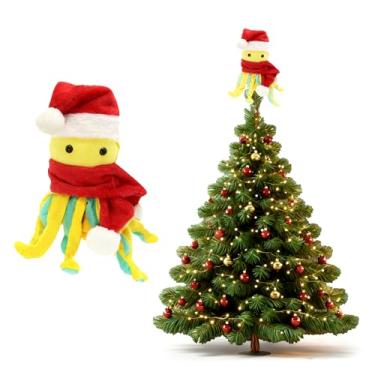 Imagem de Topper de árvore de polvo com chapéu de Papai Noel, enfeite de Natal de polvo, tema engraçado do oceano costeiro, decoração de férias para decoração de casa e festa
