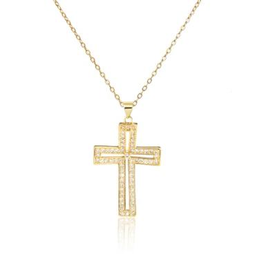Imagem de Colar feminino delicado banhado a ouro 14 k com pingente de cruz de diamante não manchado moderno Dia de Ação de Graças Cristão Fé Religiosa Joias Presentes, Latão, Zircônia cúbica