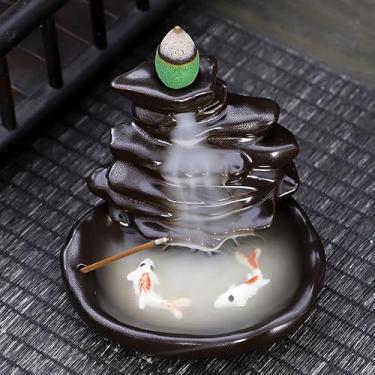 Imagem de Queimador de incenso de refluxo de cerâmica, decoração criativa para casa, queimador de incenso de refluxo em forma de peixe artesanal, aproveite o aroma de sândalo (marrom alpino C-7)