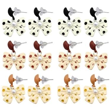 Imagem de GOMAKERER 6 brincos de bolinhas de laço, 3 cores listradas, brincos de laço xadrez preto e branco com pingente de bolinhas para mulheres, festas de aniversário