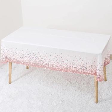 Imagem de Toalha de mesa branca descartável com estampa de bolinhas rosa 137 x 272 cm, capa de mesa retangular de plástico para aniversários, Natal, decorações de festa de Halloween, 1 pacote de 0,03 mm