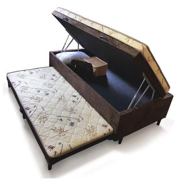 Imagem de Cama Box Baú Solteiro Conjugado Espuma Com Cama Auxiliar Bicama 3 Em 1 Suede Marrom