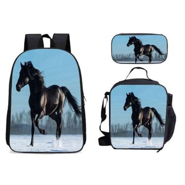 Imagem de Conjunto de mochilas Horse Anime, 3 peças para crianças, mochila escolar da Gi