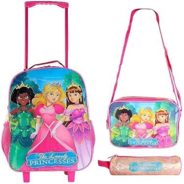 Imagem de Mochila com rodinhas, lancheira e estojo das princesas, rosa, completa