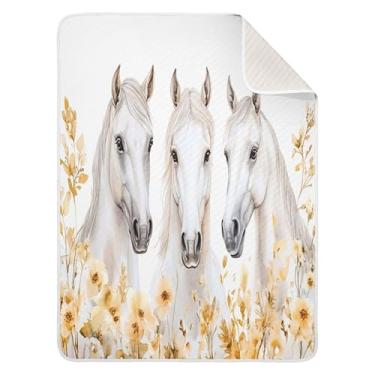 Imagem de Burbuja Cobertor de bebê com flores de cavalos brancos para meninos e meninas, cobertor macio e quente para berçário, cobertor infantil de 76 x 101 cm