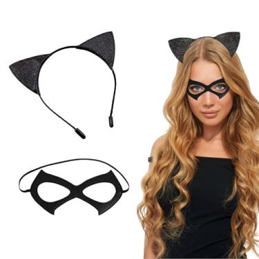 Imagem de 2 peças de acessórios de fantasia de gato de Halloween para mulheres - máscara de gato preto e orelhas faixa de cabeça baile de máscaras de Halloween acessórios de fantasia para cosplay para mulheres